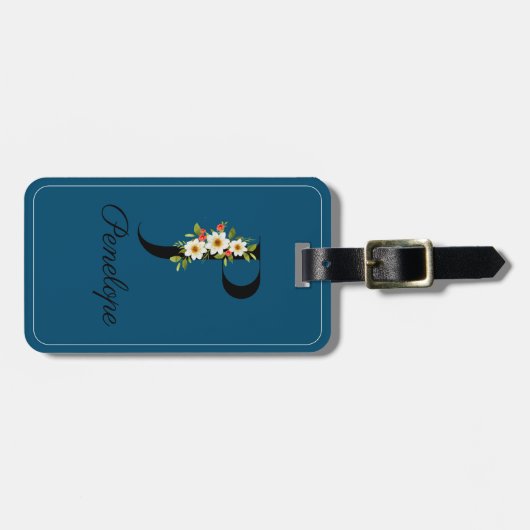 Étiquette À Bagage Monogramme P Fleur d'aquarelle cobalt Bagage Balis (Devant horizontal)