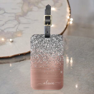 Étiquette À Bagage Monogramme Pailleté Argent Doré Rose Métal Brossé