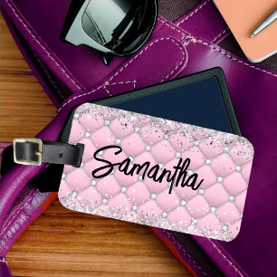 Étiquette À Bagage Monogramme pailleté élégant rose argenté scintilla