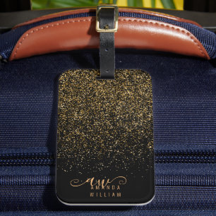 Étiquette À Bagage Monogramme Pailleté Glamour Élégant Chic Or