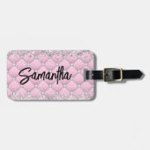 Étiquette À Bagage Monogramme pailleté rose argenté élégant (Devant horizontal)
