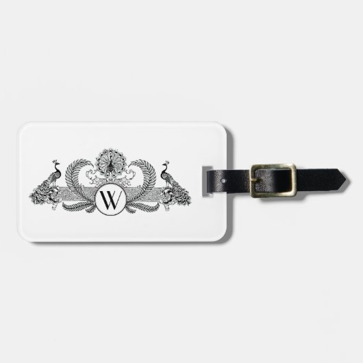 Étiquette À Bagage Monogramme Paons Vintage (Devant horizontal)