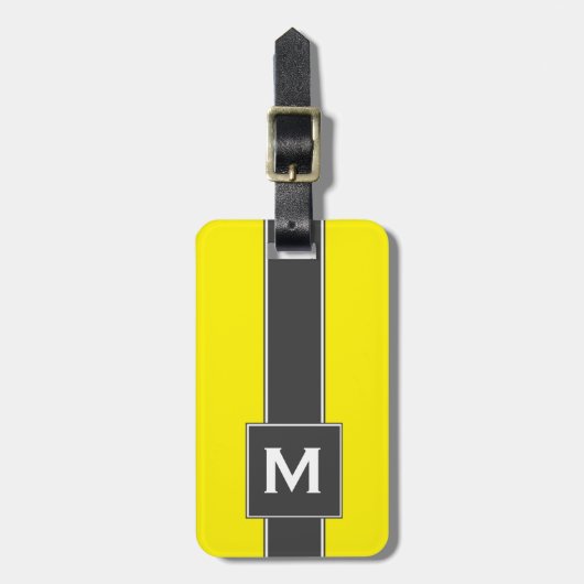 Étiquette À Bagage Monogramme personnalisé à rayures noires jaune-néo (Devant Vertical)