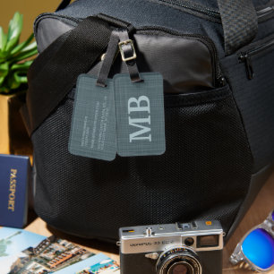 Étiquette À Bagage Monogramme personnalisé bleu sarcelle foncé gris