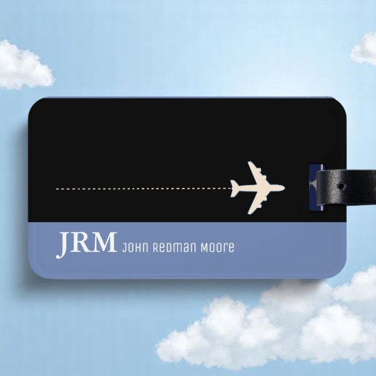 Étiquette À Bagage Monogramme personnalisé bleu / voyage en avion