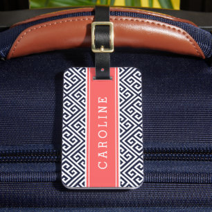 Étiquette À Bagage Monogramme personnalisé clé grecque marine et cora