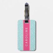 Étiquette À Bagage Monogramme personnalisé clé grecque rose et turquo (Dos Vertical)