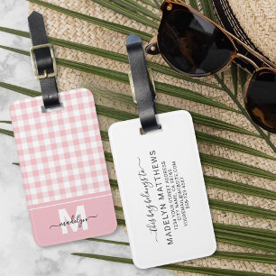 Étiquette À Bagage Monogramme personnalisé en gingham rose