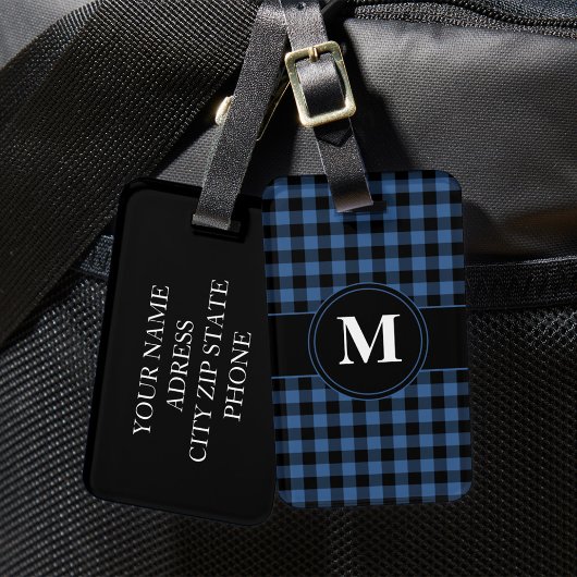Étiquette À Bagage Monogramme personnalisé Gingham bleu