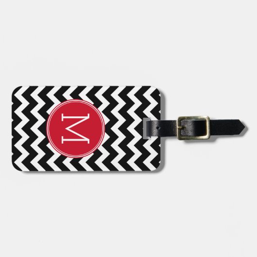 Étiquette À Bagage Monogramme personnalisé Motif Chevron rouge et noi (Devant horizontal)