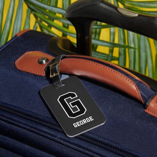 Étiquette À Bagage Monogramme personnalisé noir blanc pour lui (Insitu Rectoal 1)