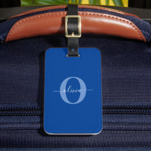 Étiquette À Bagage Monogramme personnalisé Nom du script Bleu Blanc