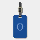Étiquette À Bagage Monogramme personnalisé Nom du script Bleu Blanc (Devant Vertical)