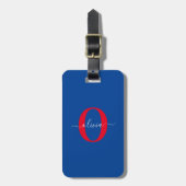 Étiquette À Bagage Monogramme personnalisé Nom du script Bleu Blanc R (Devant Vertical)