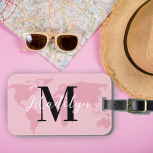 Étiquette À Bagage Monogramme personnalisé Nom Pink Map World Travell