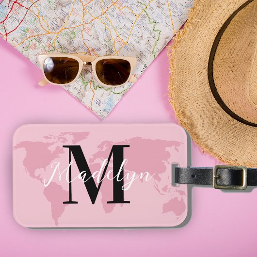 Étiquette À Bagage Monogramme personnalisé Nom Pink Map World Travell