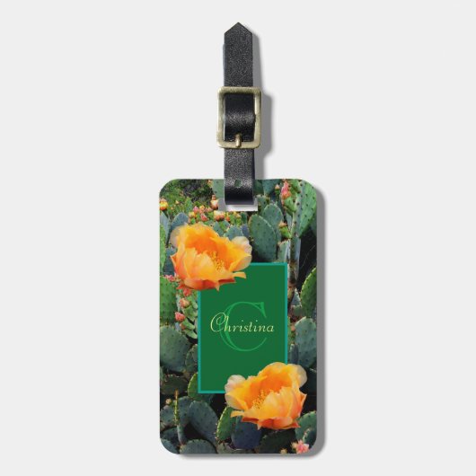 Étiquette À Bagage Monogramme personnalisé Orange Prickly Pear Cactus (Devant Vertical)