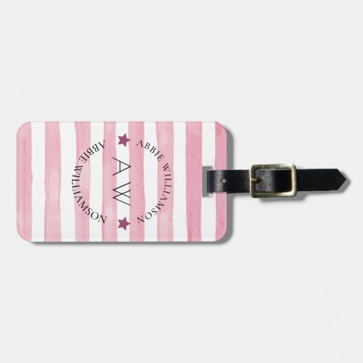 Étiquette À Bagage monogramme personnalisé rayures roses élégant (Devant horizontal)