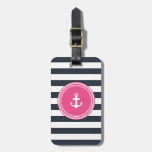 Étiquette À Bagage Monogramme personnalisé rose et marine nautique