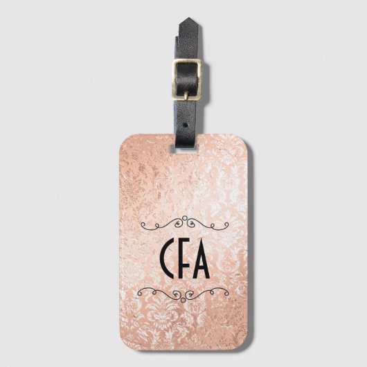 Étiquette À Bagage Monogramme personnalisé Rose Gold Damask (Devant Vertical)