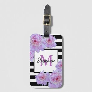 Étiquette À Bagage Monogramme Pink Peony Flower Black Stripe pourpre
