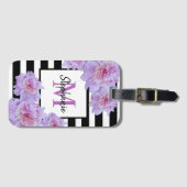 Étiquette À Bagage Monogramme Pink Peony Flower Black Stripe pourpre (Devant Horizontal)