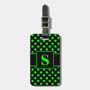 Étiquette À Bagage Monogramme points lime vert sur fond noir