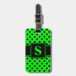 Étiquette À Bagage Monogramme points noirs sur fond vert citron
