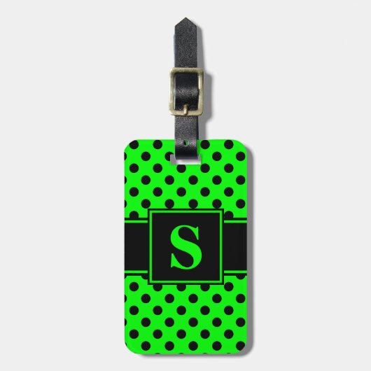Étiquette À Bagage Monogramme points noirs sur fond vert citron (Devant Vertical)