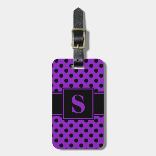 Étiquette À Bagage Monogramme Points Noirs sur Fond Violet (Devant Vertical)