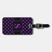 Étiquette À Bagage Monogramme points noirs violets sur fond noir (Devant horizontal)