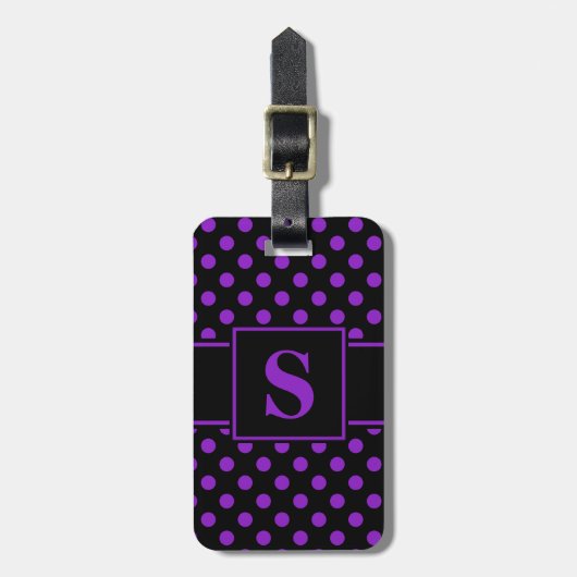 Étiquette À Bagage Monogramme points noirs violets sur fond noir (Devant Vertical)