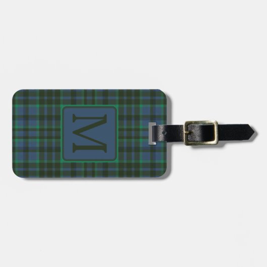 Étiquette À Bagage Monogramme préppy vert et bleu plaid (Devant horizontal)