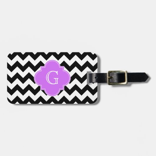 Étiquette À Bagage Monogramme Quatrefoil noir blanc Chevron Lilac (Devant horizontal)