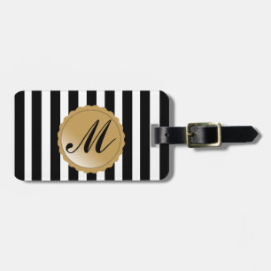 Étiquette À Bagage Monogramme rayé de coutume d'or blanc de noir de