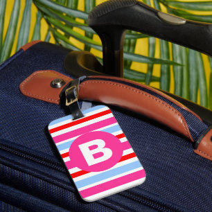 Étiquette À Bagage Monogramme rayures bonbons rose et bleu vif