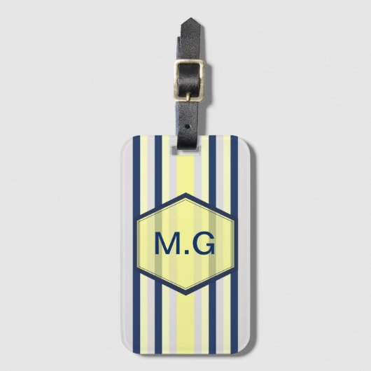 Étiquette À Bagage Monogramme rayures grises et jaunes élégantes (Devant Vertical)