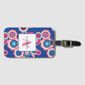 Étiquette À Bagage Monogramme Retro Blue Rose Flower Power Personnali (Devant Horizontal)