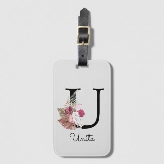 Étiquette À Bagage Monogramme Rose Boho Girl Floral U initial (Devant Vertical)