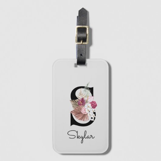 Étiquette À Bagage Monogramme rose boho girly floral initiale S (Devant Vertical)