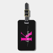 Étiquette À Bagage Monogramme rose chaud noir (Devant Vertical)