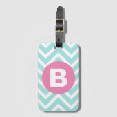 Étiquette À Bagage Monogramme rose chevron bleu clair tendance (Devant Vertical)