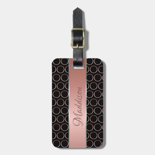 Étiquette À Bagage Monogramme rose de motif de points d'or (Devant Vertical)