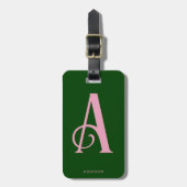 Étiquette À Bagage Monogramme rose élégant initial sur vert foncé (Devant Vertical)