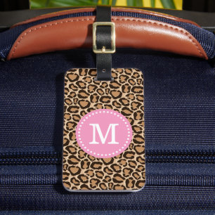 Étiquette À Bagage Monogramme rose et Empreinte de léopard personnali