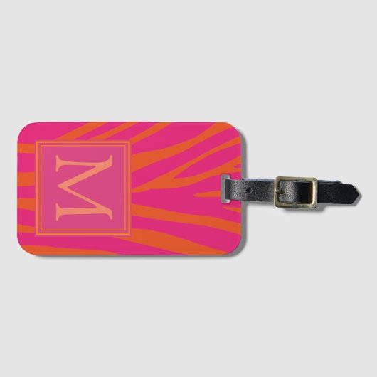 Étiquette À Bagage Monogramme rose et orange Zebra (Devant Horizontal)