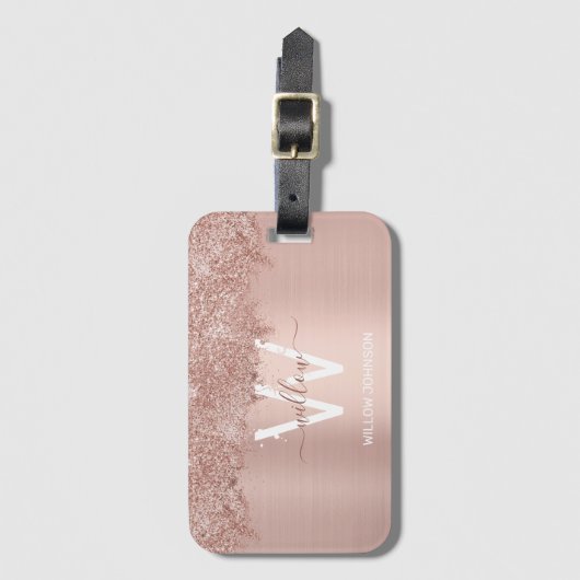 Étiquette À Bagage Monogramme rose Gold Blush Rose Girl Parties scint (Devant Vertical)