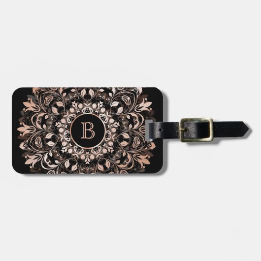 Étiquette À Bagage Monogramme rose Gold Floral Mandala (Devant horizontal)