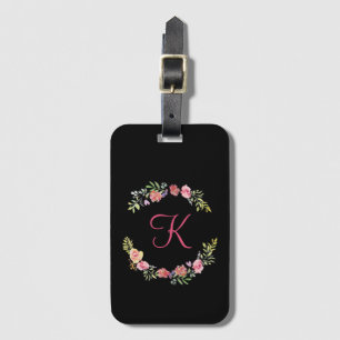 Étiquette À Bagage Monogramme Rose, Jaune et Vert Floral Aquarelle