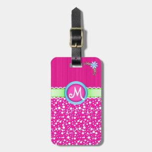 Étiquette À Bagage Monogramme rose mignon et coloré, points et fleurs